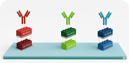 Illustration of modular biosensor system showing antibody-based detection using Im Brick and Col Brick components on a diagnostic platform.