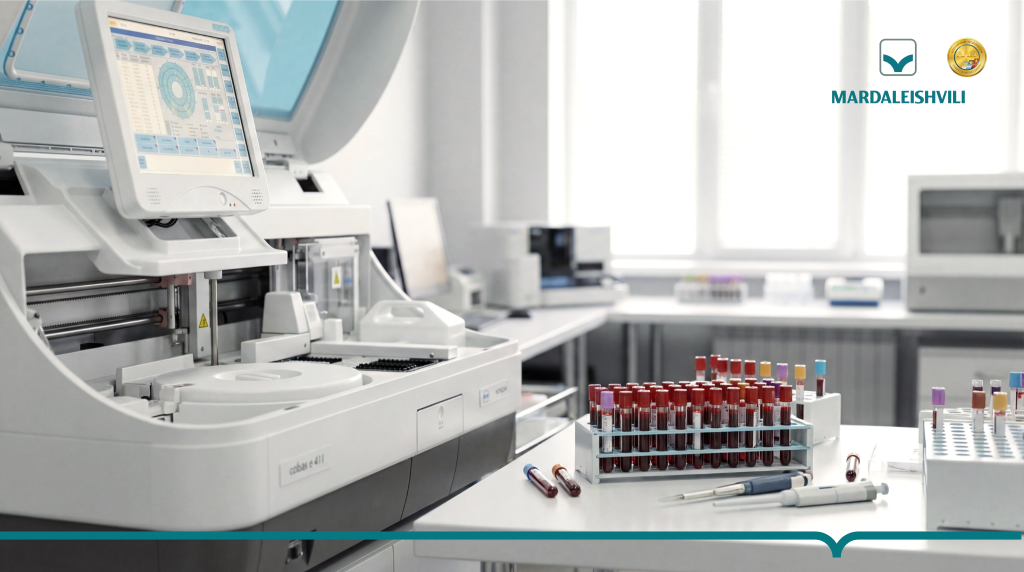 Modern clinical laboratory with automated blood analyzer, blood sample tubes, and diagnostic equipment used for medical testing.